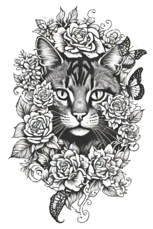 Cat Face With Flowers Under The Cat And On The Side And A Butterfly