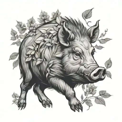 Inquisitive Boar Portrait Surrounded By Foliage