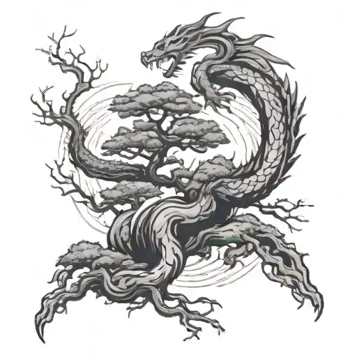 Bonsai Tree And Dragon Intertwined With Lightning And Bible Verse
