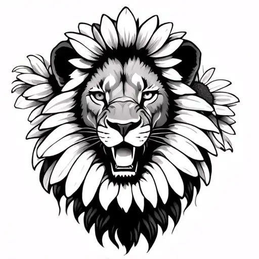 Scary Lion Behind Daisy Flower