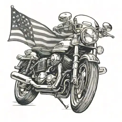 A Detailed Black And Grey Tattoo Of A Motorcycle With The American Flag Waving In The Background