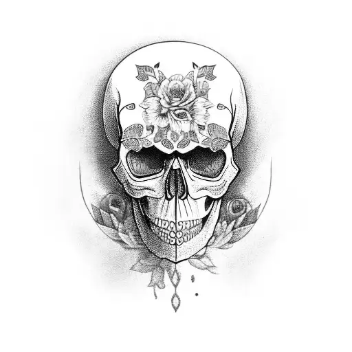 Skull With Vibrant Floral Patterns And Holographic Elements On The Back