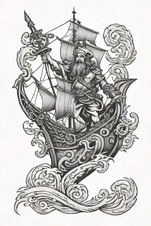 Poseidon And Pirate Ship And Trident