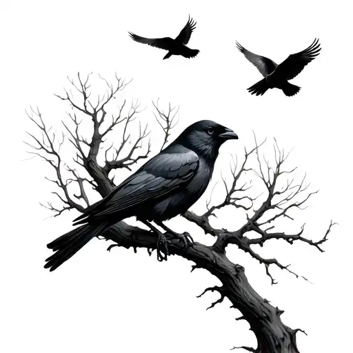 Living Tree Branch And Three Crows Flying