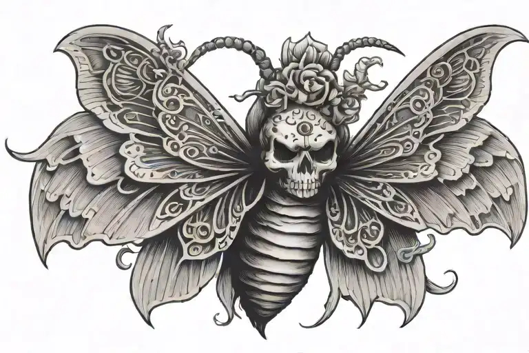 Moth With Wings Spread And Skull