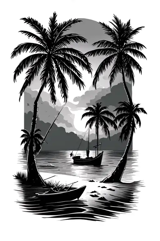 Palm Trees And Sand With Fishing Boat Floating