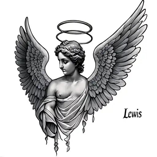 Memorial Tattoo With The Name Lewis And Angel Wings From The Sides Of The Name And A Halo