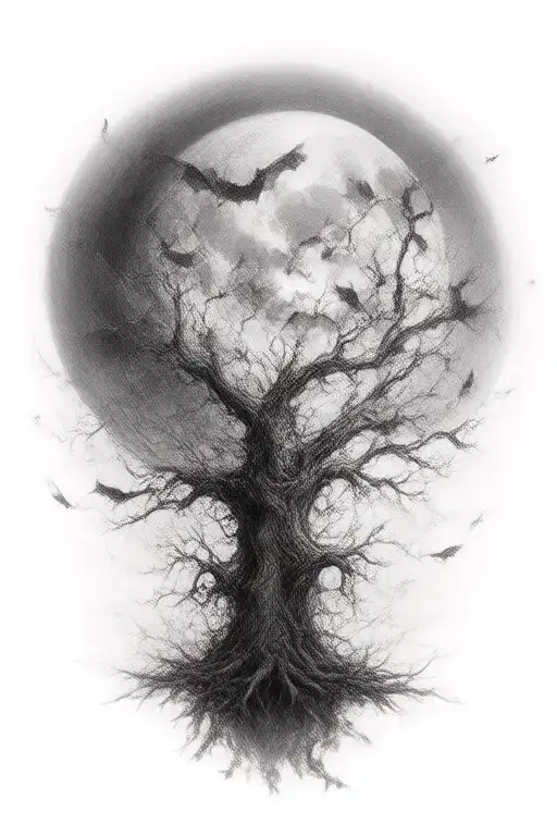 Poison Tree And Moon With Bats Flying