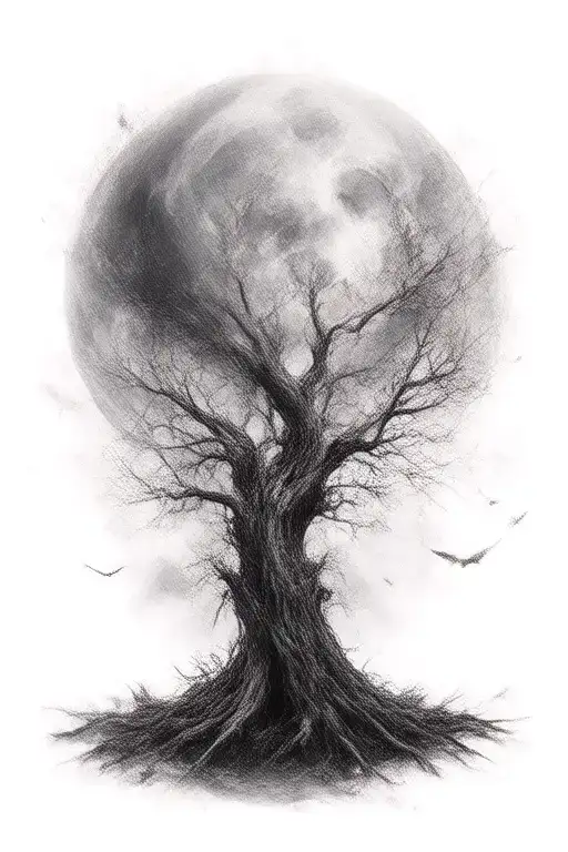 Poison Tree And Moon With Bats Flying