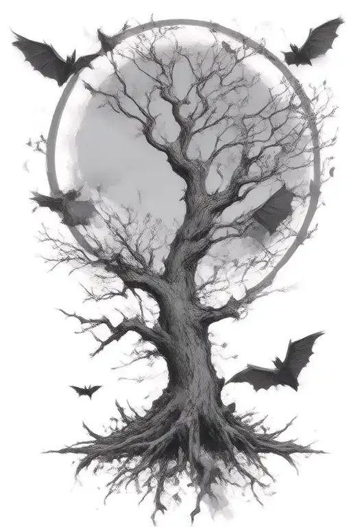 Poison Tree And Moon With Bats Flying
