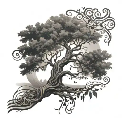 A Detailed Black And Grey Tattoo Of A Majestic Tree With Musical Notes As Leaves