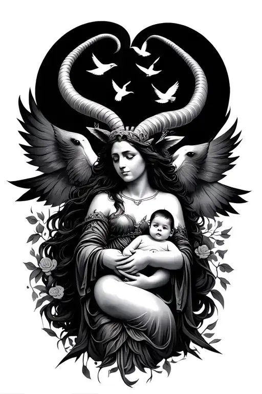 Capricorn Goddess Holding Baby In Arms Looking Up At 4 Birds In The Sky