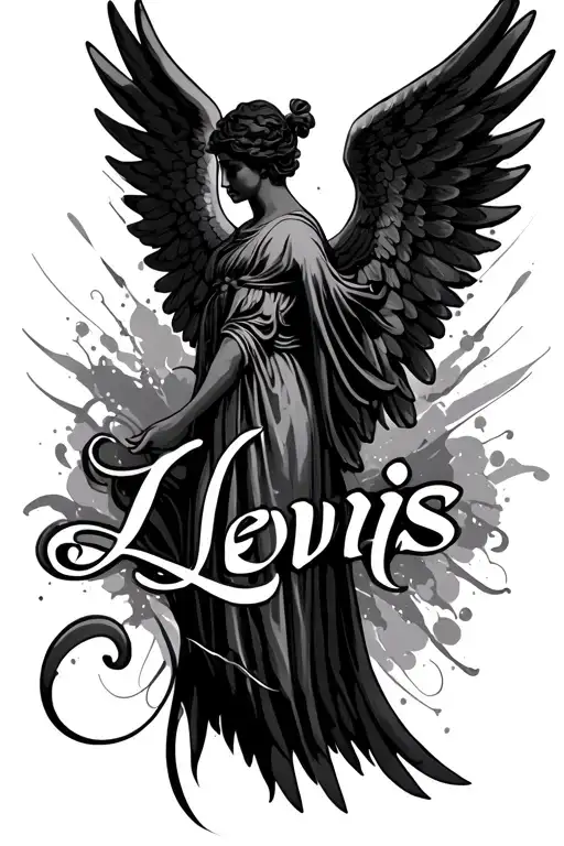 Memorial Tattoo With The Name Lewis And Angel Wings From The Sides Of The Name