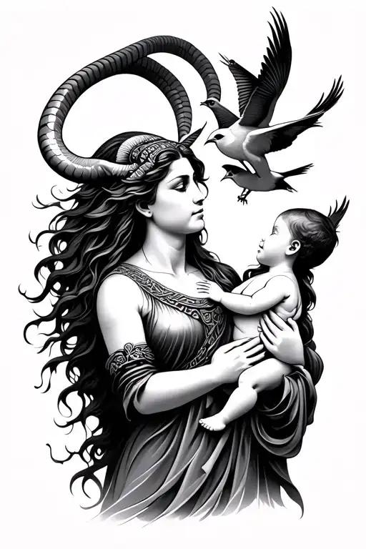 Profile View Of Capricorn Goddess Holding Baby In Arms Looking Up At 4 Birds In The Sky