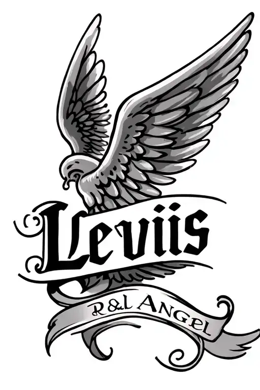 Memorial Tattoo With The Name Lewis And Angel Wings From The Sides Of The Name