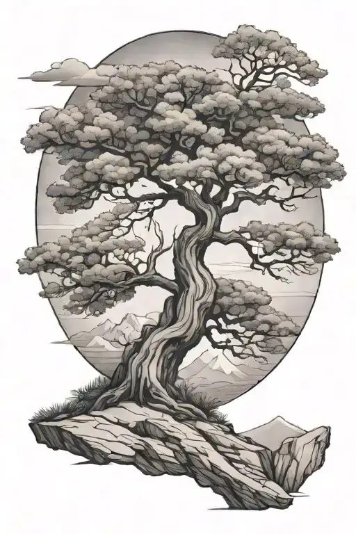 Oak Tree On A Cliff With Mountains In The Background