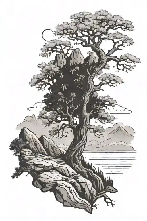Oak Tree On A Cliff With Mountains In The Back