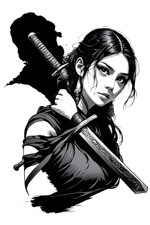 Folded Eyes Girl With Katana Sword