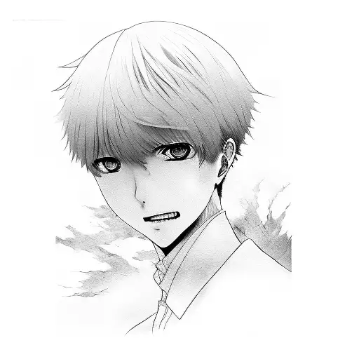 A Detailed Portrait Of Ken Kaneki From Tokyo Ghoul Surrounded By Iconic Manga Panels