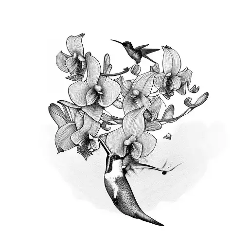 Hummingbird Sorrounded By Orchids