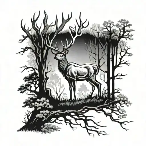 Deer And Hunter In Tree Stand