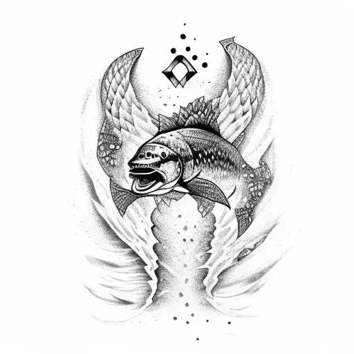 A Detailed Illustration Of A Salmon Swimming Upstream With Viking Runes Incorporated In The Water