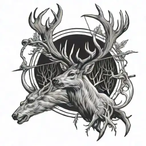 Deer And Hunter Aiming A Bow