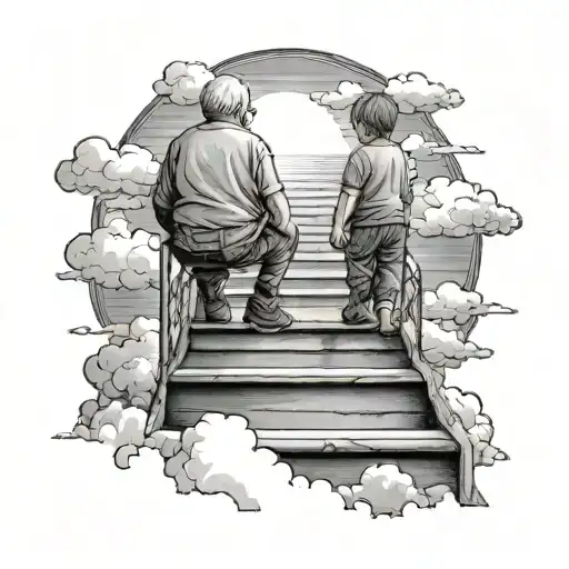 Grandpa And Nephew From Behind On A Stair To The Heaven Surrounded By Clouds