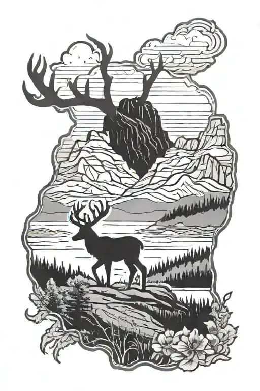 Arizona Mountain Landscape Tattoo Featuring Silhouette Of A Deer