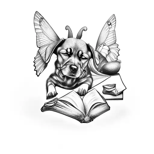 A Sleeping Dog With Butterfly Wings And A Book In Its Paws