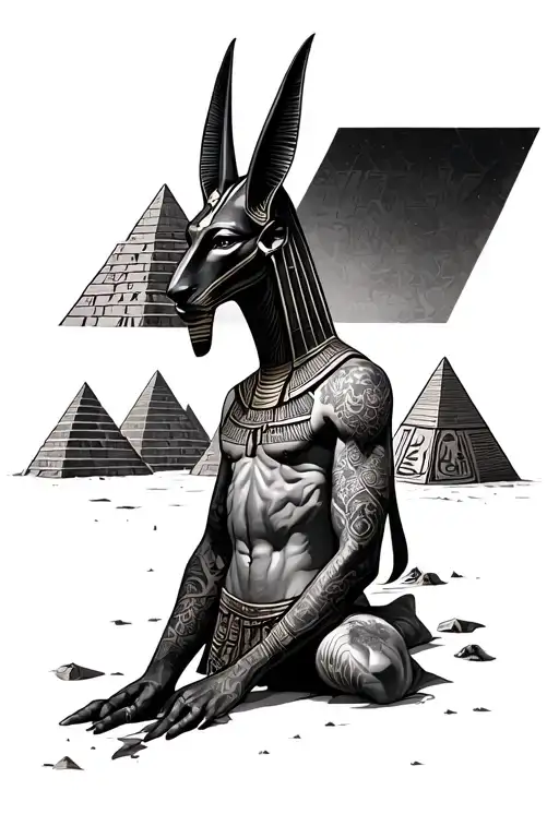 Anubis Whole Body With Pyramids And Egyptian Hieroglyphs Wrapped