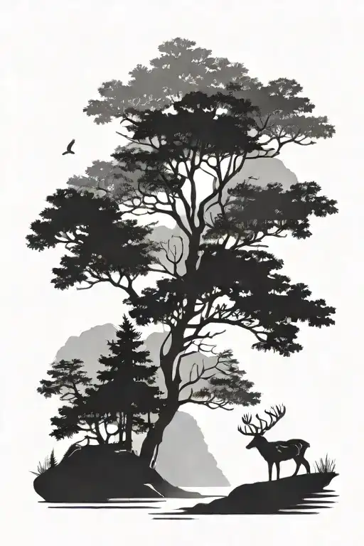 Forest Mountain Landscape With Silhouette Of A Deer Drinking Water