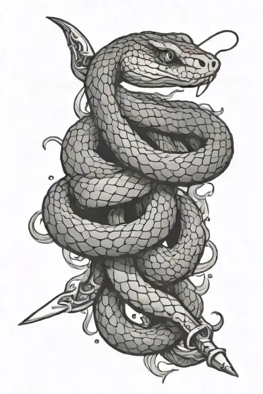 Long Snake With Scales With A Dagger In Its Side