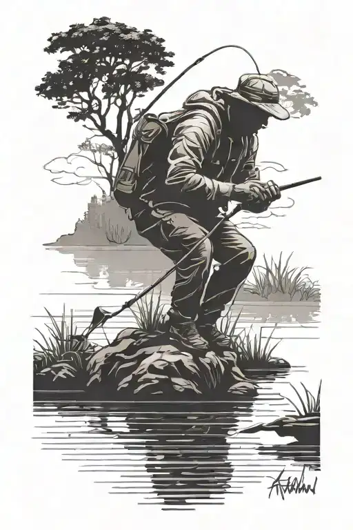 Silhouette Of Man Fishing Next To A Lake
