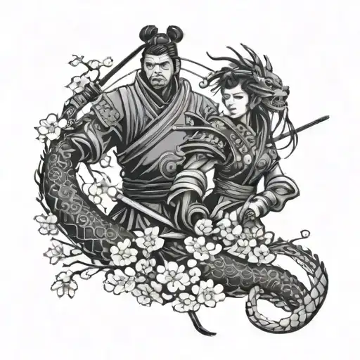 Male And Female Samurai With Chinese Dragon And Cherry Blossoms