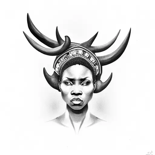 African Woman With Buffalo Horn In Her Head