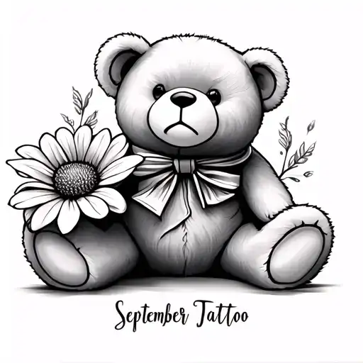 Single Fine Line Teddy Bear Tattoo With The September Birth Flower