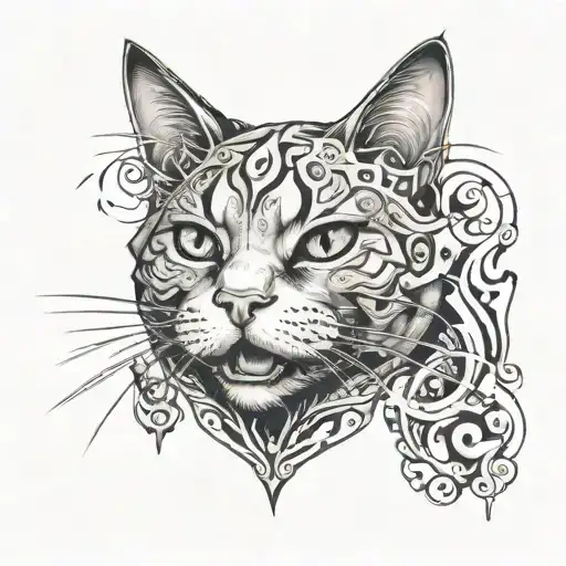 Cat Head With Tongue Hanging Out With Piercings In Rock Style