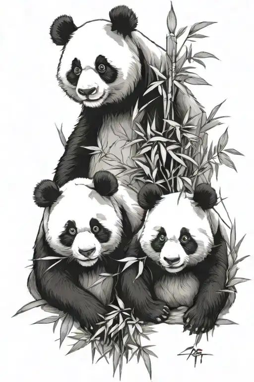 Panda Family With Bamboo Leaves Around Him