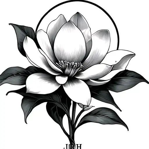 Black And White Line Work Magnolia Flower With Halo Above It And Jrh Underneath