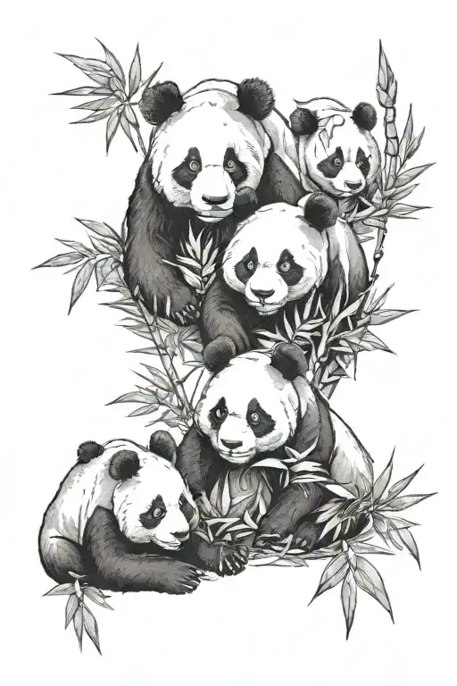 Panda Family Of Four With Bamboo Leaves Around Him