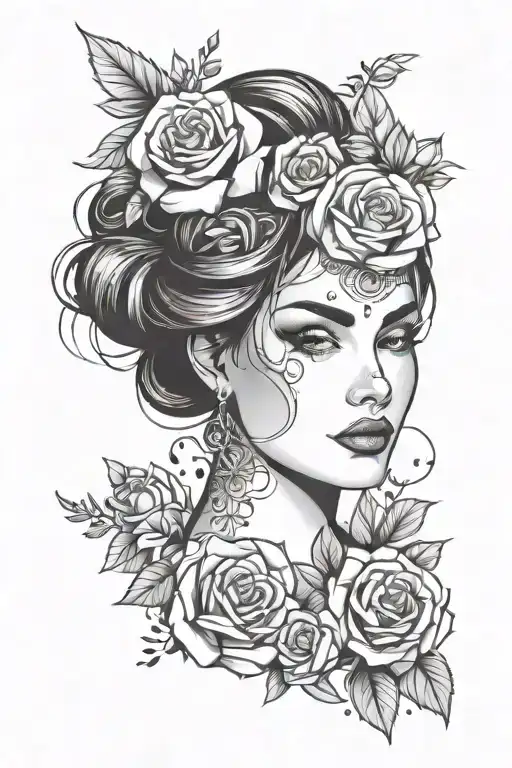Pretty Woman Face With Roses Surrounding Her Head