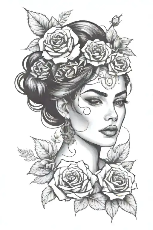 Pretty Woman Face With Roses Surrounding Her Head