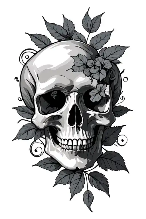 Skull With Background Leaves And Swirls
