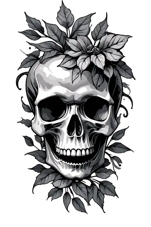 Skull With Background Leaves And Swirls