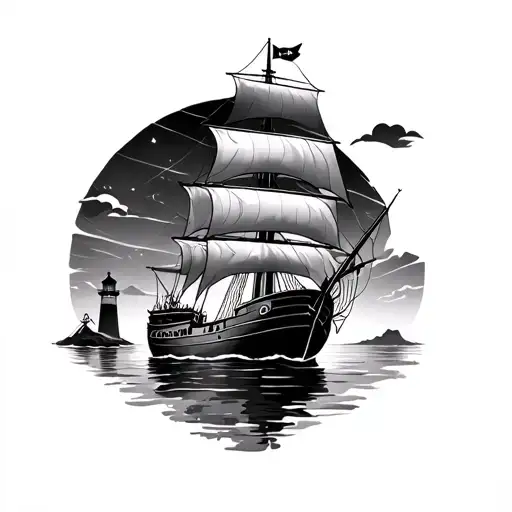 Pirate Ship At Night With Lighthouse In Background