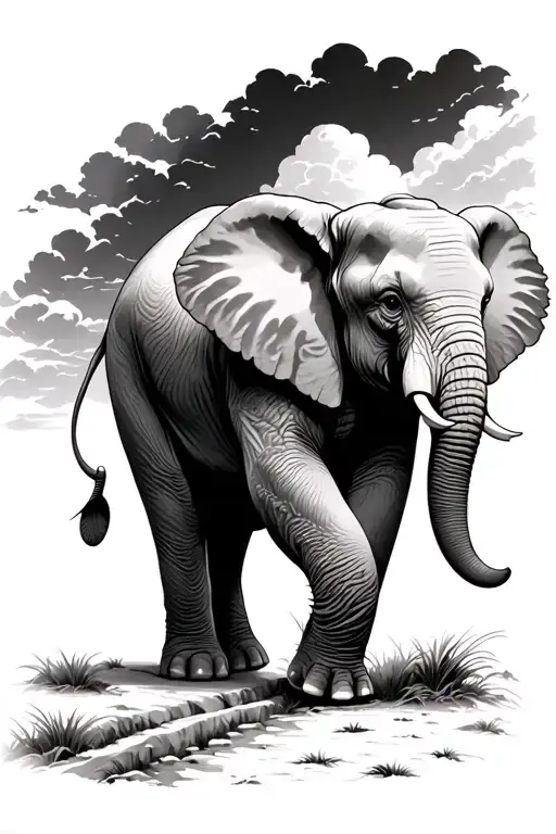 Elephant In Sky Man Walking Towards It Down Path