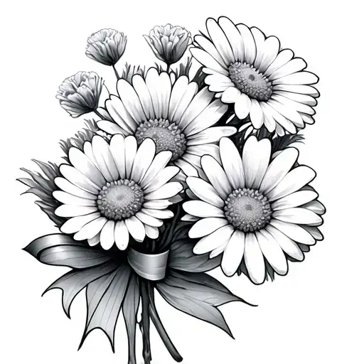 Bouquet Of Three Flowers One Daisy One Carnation And One Daisy With A Bow Around The Stems
