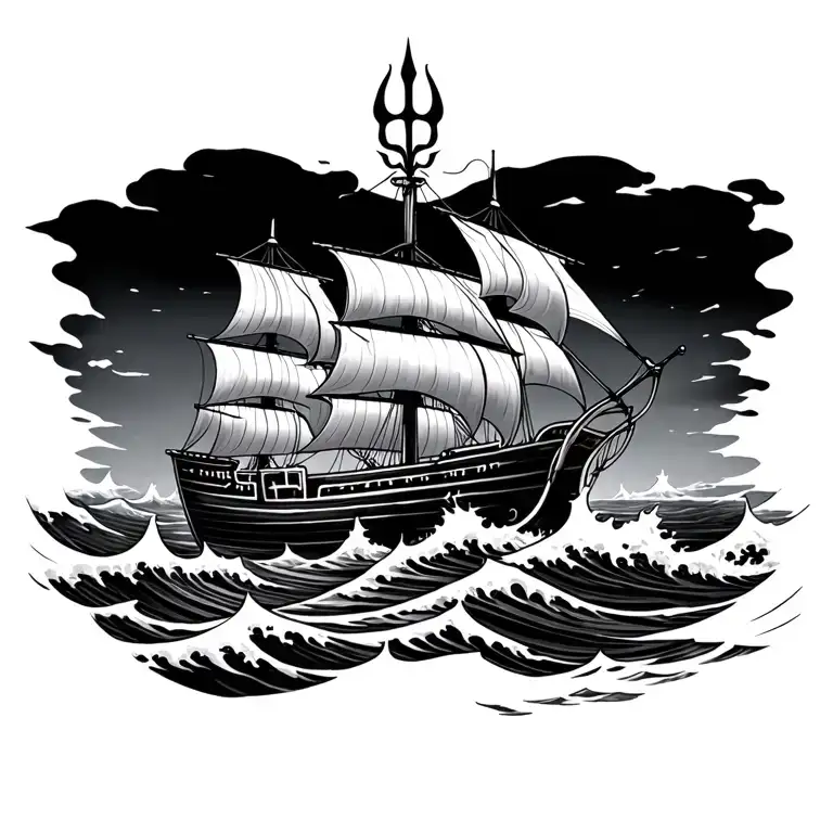 Posideon With Trident Ship And Waves