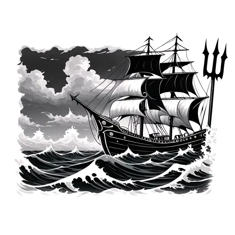 Posideon Face With Trident Ship And Waves Crashing